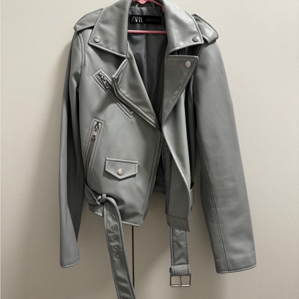 Zara Gray Leather Jacket Asymmetrical Design